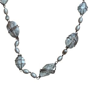 Artisan Wire Wrapped Glass Stone Necklace Bronze Silver Tone Boho Whimsigoth